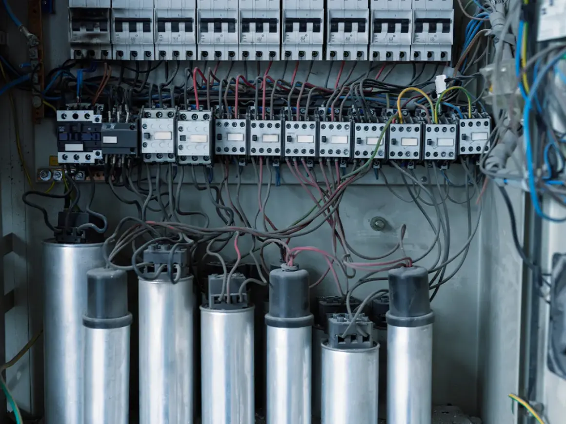 Wnętrze rozdzielnicy elektrycznej z kondensatorami i stycznikami, kluczowe dla poprawy współczynnika mocy cos fi.