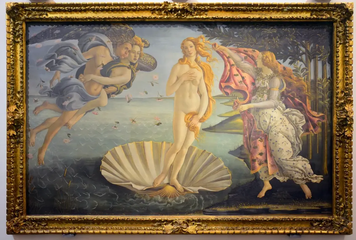 De geboorte van Venus, een iconische venus vrouw, drijvend op een schelp, omringd door goden en bloemen.