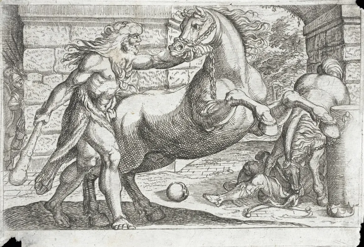 Herakles, jak oczyścił stajnie Augiasza, walczy z koniem. W tle widać ludzi i architekturę.