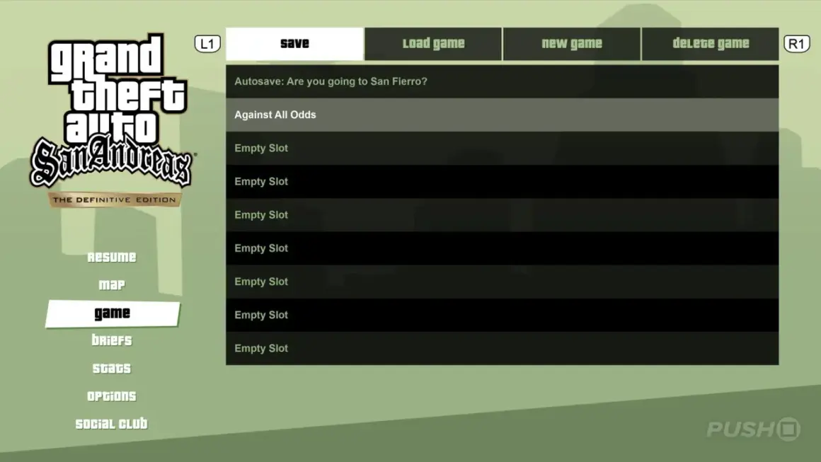 Menü von GTA San Andreas auf PS4. Hier werden Speicherstände verwaltet, um das Spiel fortzusetzen.