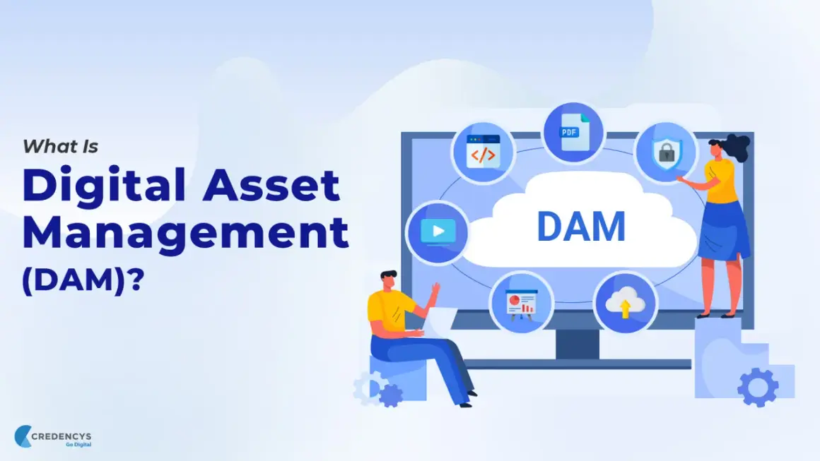 Illustration explaining Digital Asset Management (DAM) with icons for PDF, code, video, security, and cloud storage.