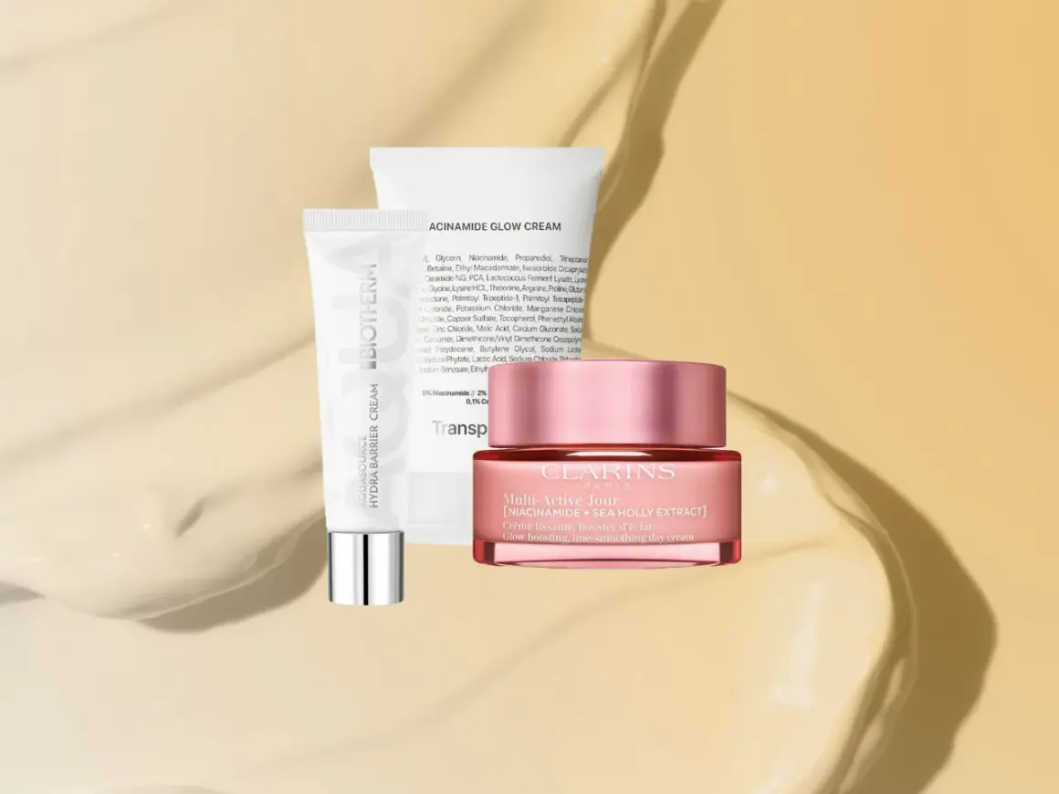 Zwei Hautpflegeprodukte: eine Tube Biotherm Aquasource Hydra Barrier Cream und ein Tiegel Clarins Multi-Active Jour. Beide sind reichhaltige feuchtigkeitscremes für strahlende Haut.