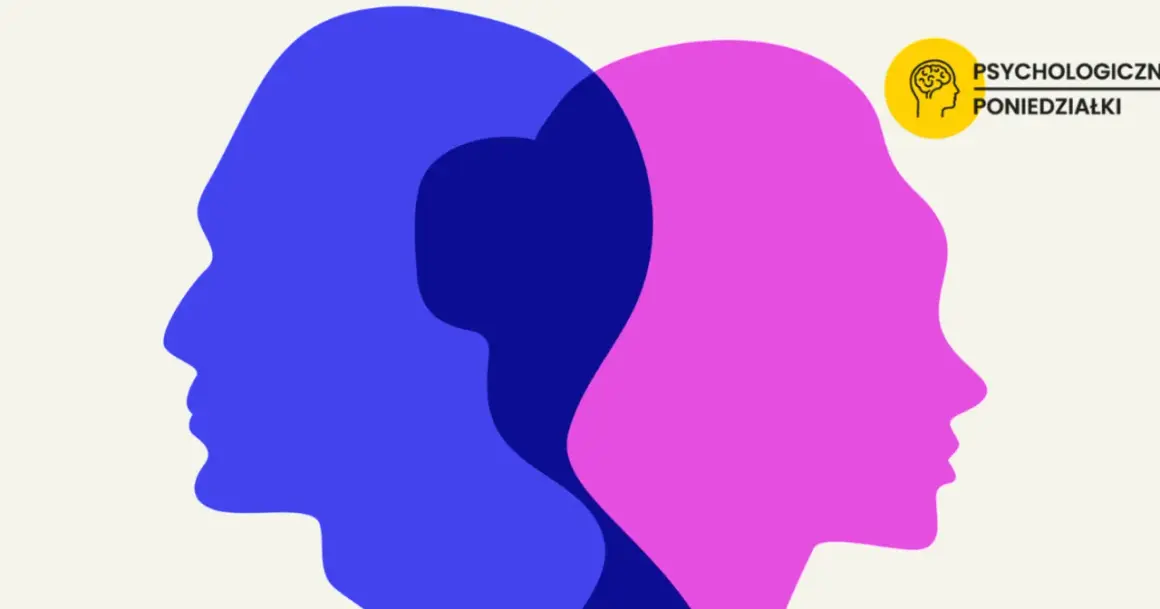 Dwie nakładające się sylwetki głów, niebieska i różowa, symbolizujące podwójne życie: mąż i kochanek. Obok logo "Psychologiczne Poniedziałki".