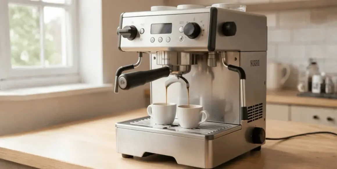 Macchina da caffè in acciaio inox che eroga due espresso in tazze bianche. Se il caffè scende troppo veloce, forse la macinatura è troppo grossa.