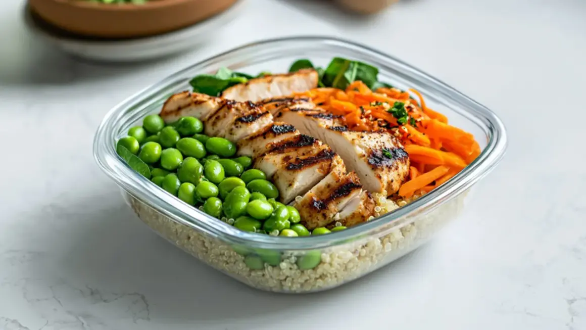 Gesunde Ideen für das Mittagessen: Quinoa-Bowl mit gegrilltem Hähnchen, Edamame und Karotten.