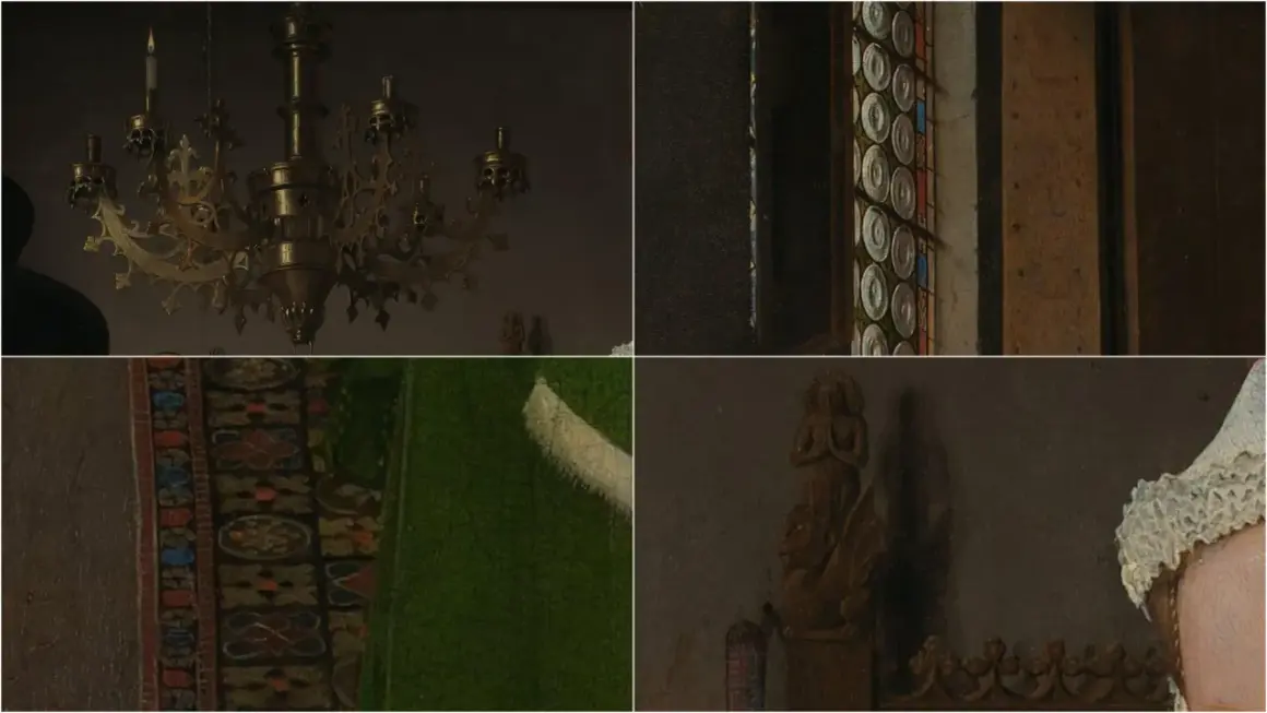 Detalles del matrimonio Arnolfini: candelabro, ventana, alfombra y escultura.