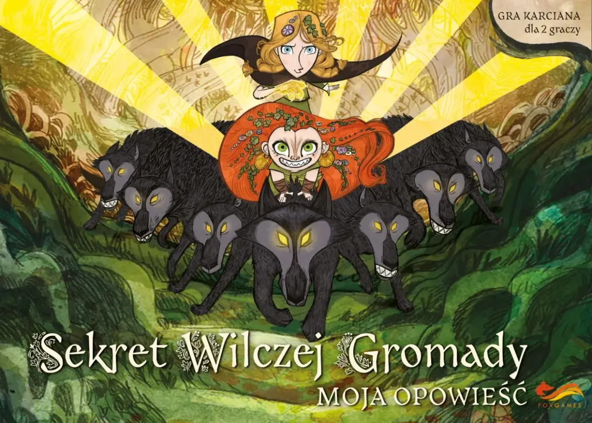 Okładka gry karcianej "Sekret Wilczej Gromady". Dwie dziewczynki, jedna z rudymi, druga z blond włosami, otoczone przez stado wilków.
