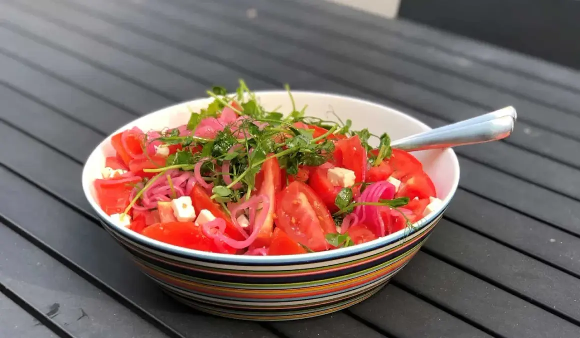 En skål med en färgglad tomatsallad med fetaost, rödlök och groddar. En god sallad till maten som ser fräsch och inbjudande ut.