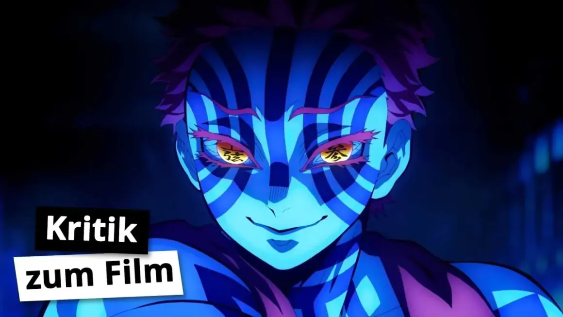 Akaza, der obere Dämon, mit seinen markanten blauen Streifen und gelben Augen, ist bereit für die **Demon Slayer Staffel 3**.