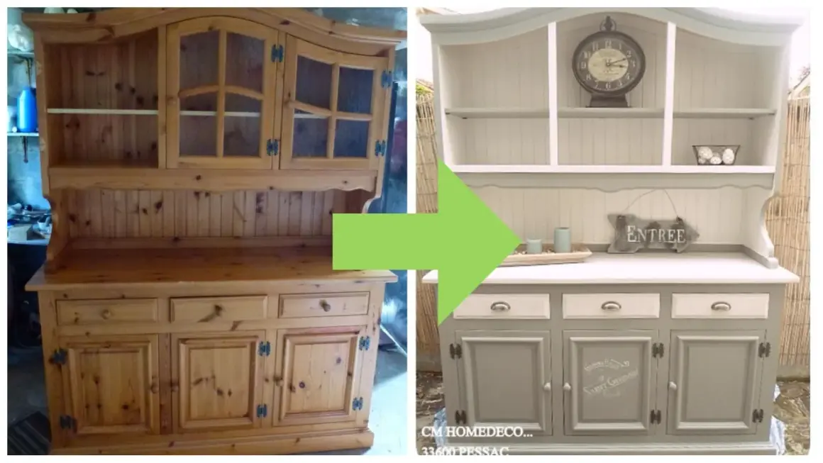 Prima e dopo: come restaurare un mobile in legno. Un mobile da cucina in pino grezzo trasformato in un pezzo shabby chic grigio e bianco.