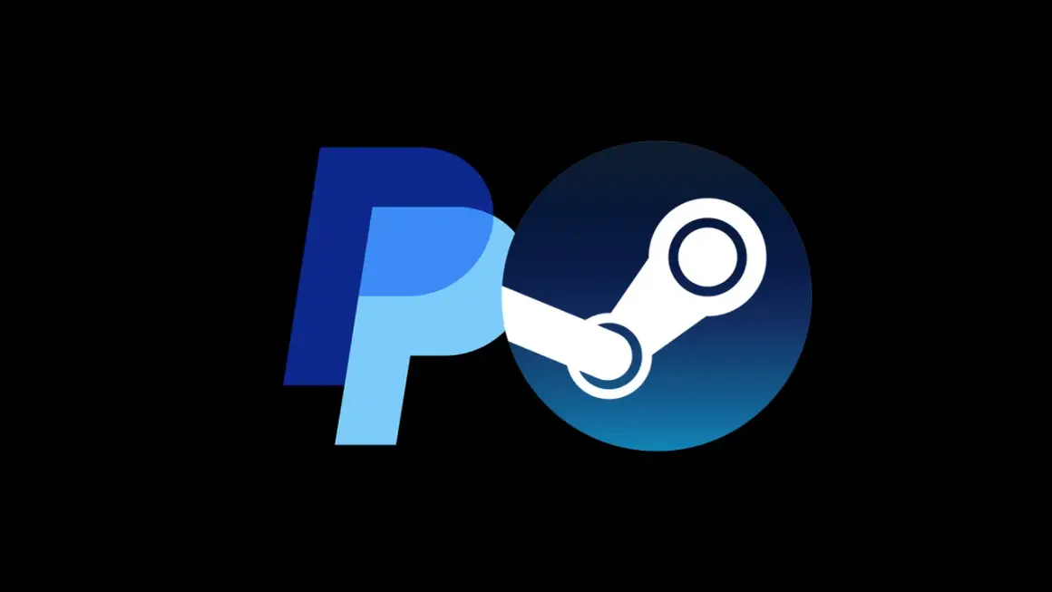 Logo PayPal połączone z logo Steam na czarnym tle.