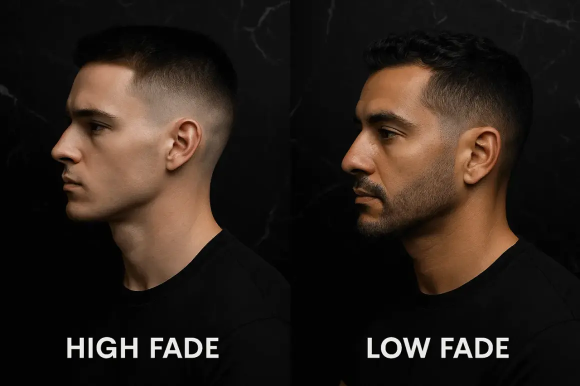 Dos hombres con cortes de pelo modernos. El de la izquierda tiene un *side part fade* alto, el de la derecha, uno bajo.