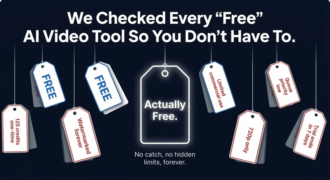Tags for AI video generation tools in 2026 reveal hidden limitations. One tag says "Actually Free.