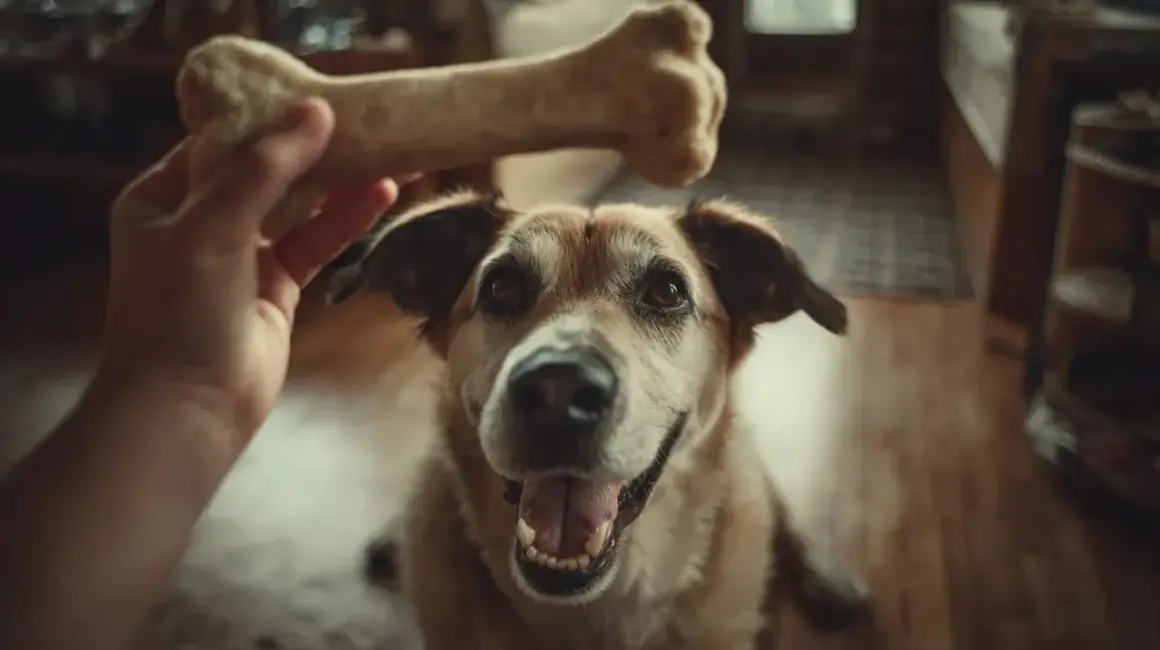 Un chien attend patiemment son os, un cadeau de son maître.