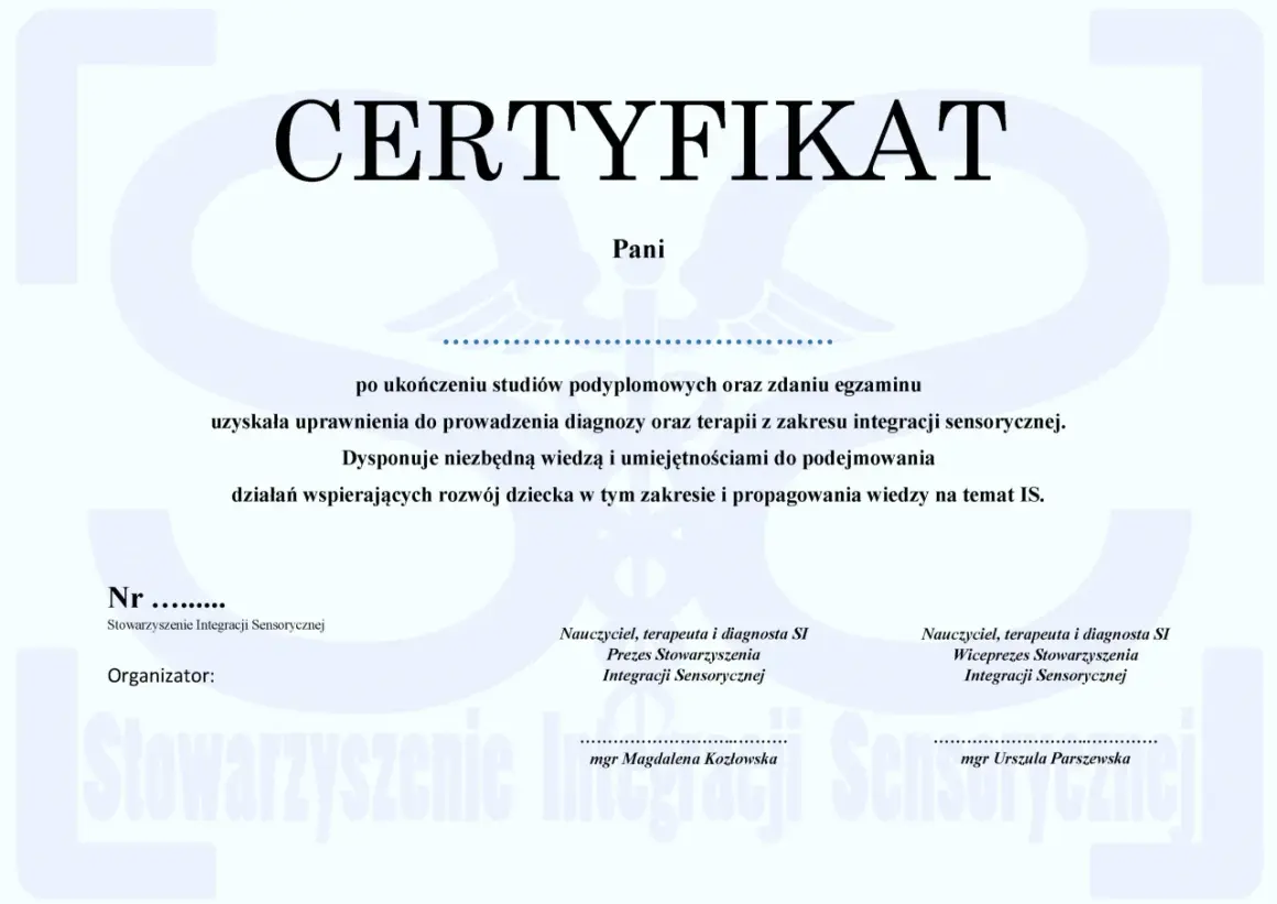 Certyfikat potwierdzający kwalifikacje do prowadzenia diagnozy i terapii z zakresu integracji sensorycznej. Dowiedz się, jak zostać terapeutą integracji sensorycznej.