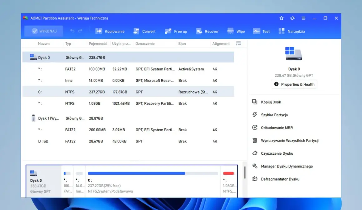 AOMEI Partition Assistant, program do naprawy dysku HDD, pokazuje partycje dysków 0 i 1.