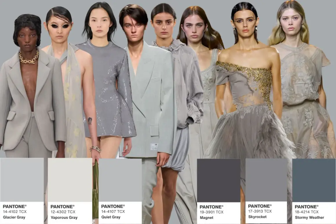 Modelle con abiti grigi, dal chiaro al scuro, come antracite che colore è. Palette colori: Glacier Gray, Vaporous Gray, Quiet Gray, Magnet, Skyrocket, Stormy Weather.