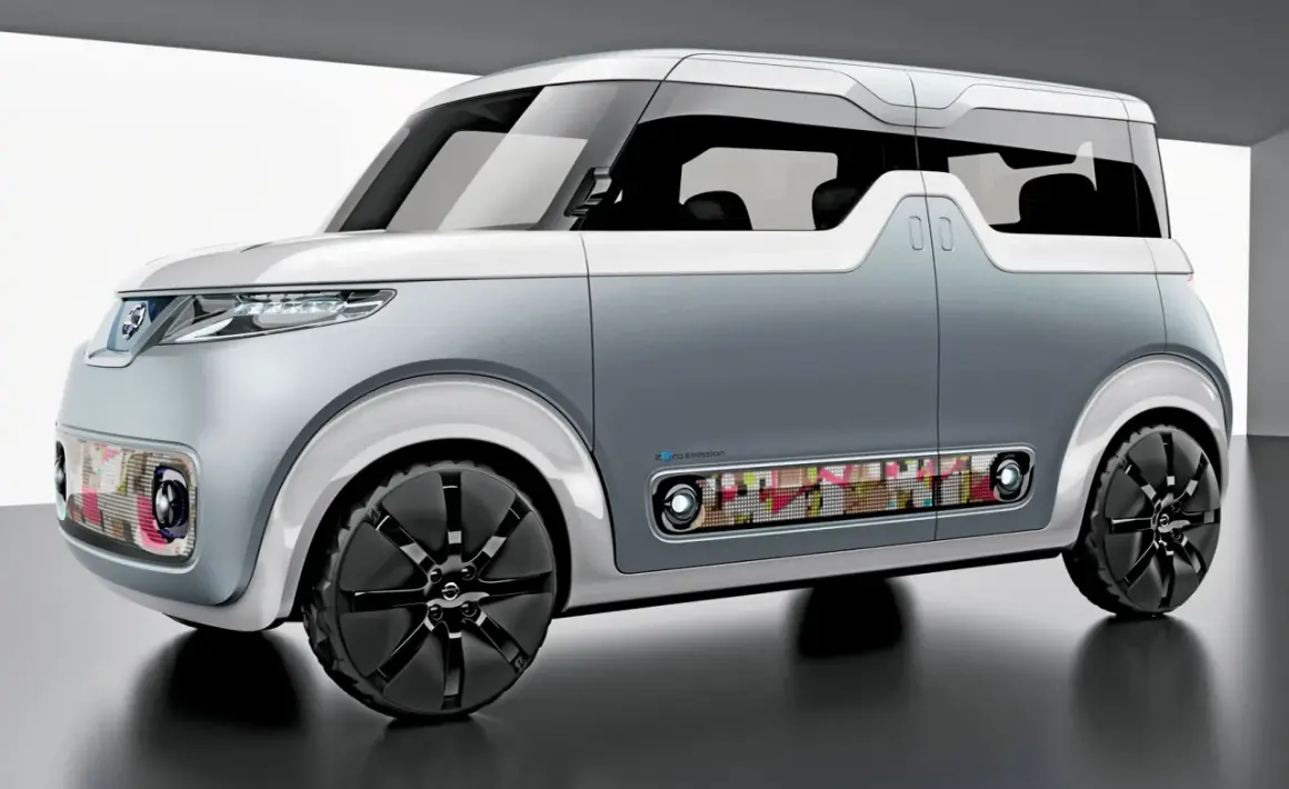 Kanciaste samochody z futurystycznym designem, świecącymi detalami i kolorowymi panelami.