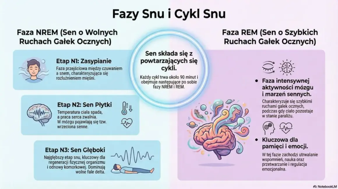 Ilustracja wyjaśnia, jak działają sny, pokazując fazy NREM i REM. Sen składa się z cykli, które trwają ok. 90 minut.
