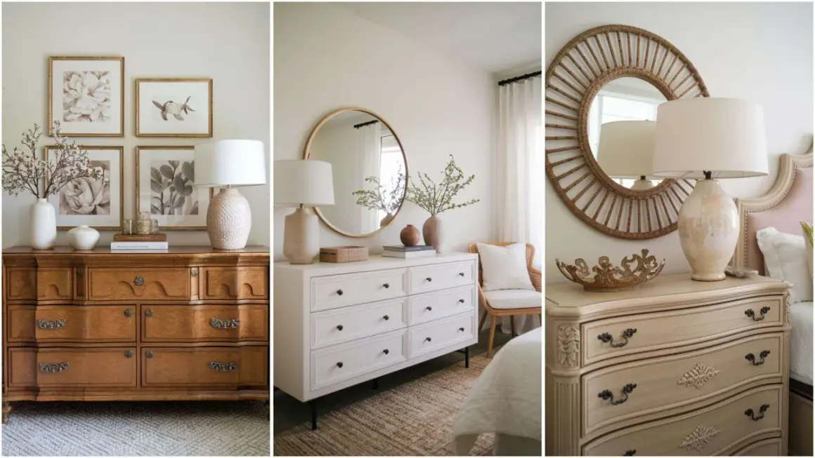 Tips on how to style a dresser top with lamps, art, and decorative objects for a chic bedroom.