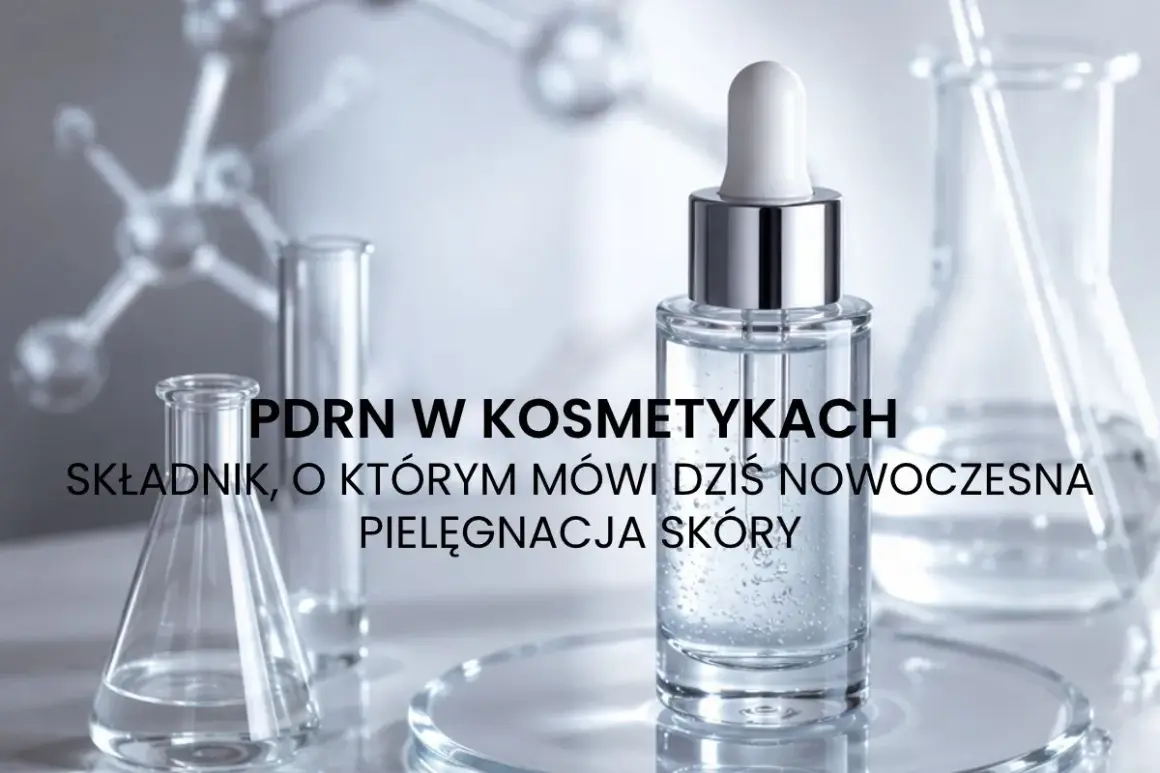 PDRN w kosmetykach: składnik, o którym mówi dziś nowoczesna pielęgnacja skóry. Serum w butelce z pipetą, probówki i kolby laboratoryjne.