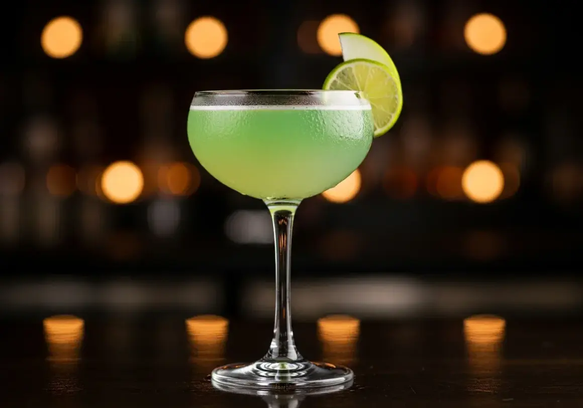 En grön p2 drink i ett coupeglas, garnerad med lime och äpple, står på en mörk bardisk med bokeh-ljus i bakgrunden.