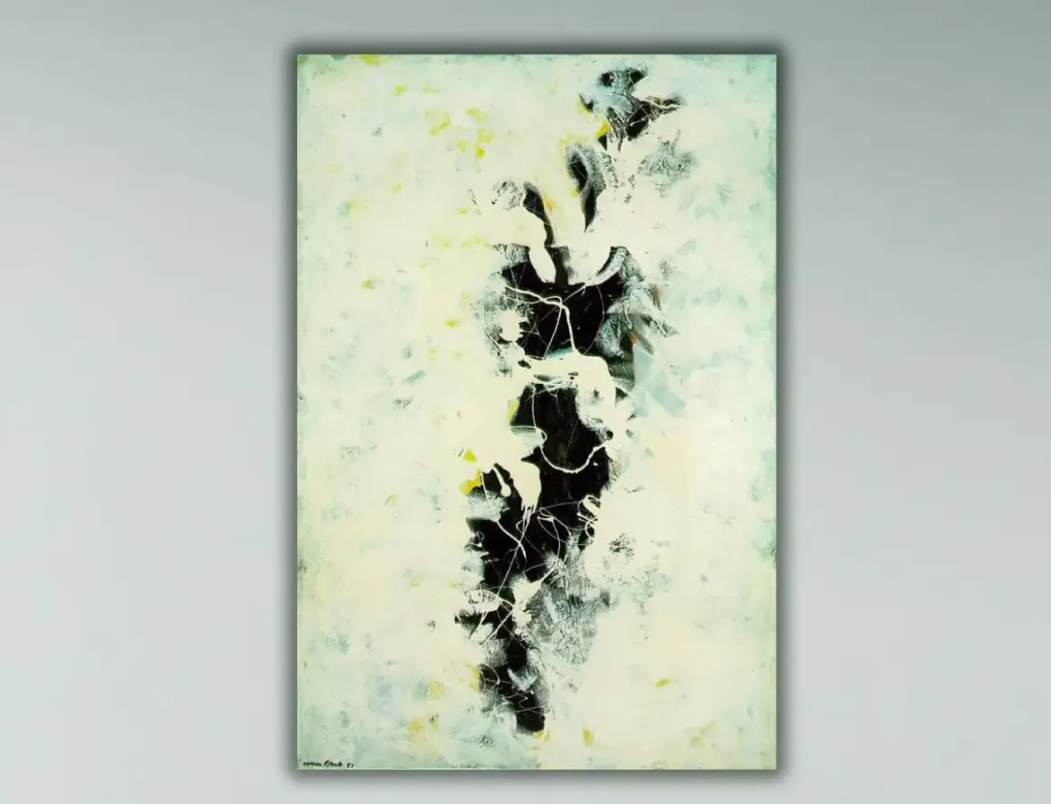 Jackson Pollock dzieła: abstrakcyjny obraz z dominującą czernią, bielą i żółtymi akcentami, tworzący dynamiczną kompozycję.