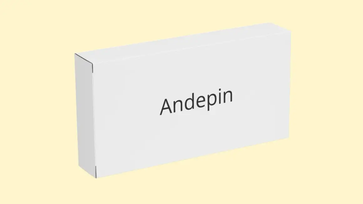 Białe pudełko z napisem "Andepin" na jasnym, żółtym tle.