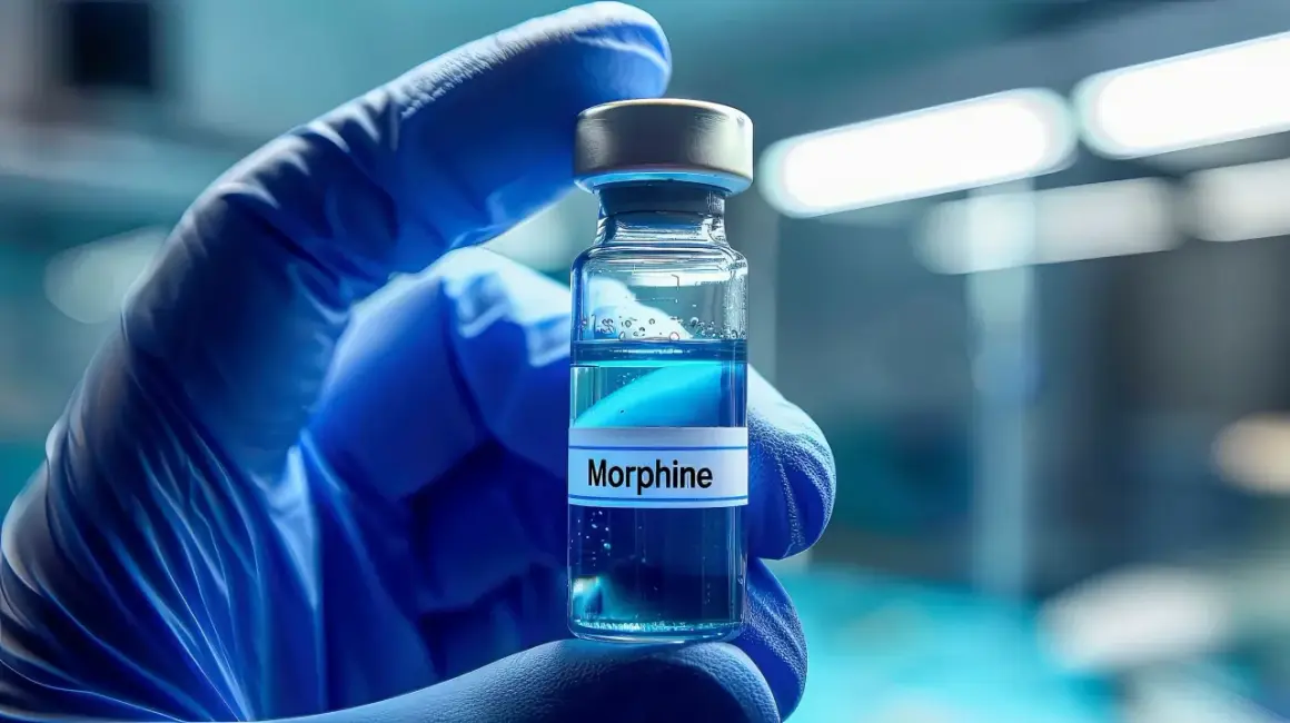 Rękawiczka w niebieskiej rękawiczce trzyma fiolkę z płynem, na której widnieje napis "Morphine".