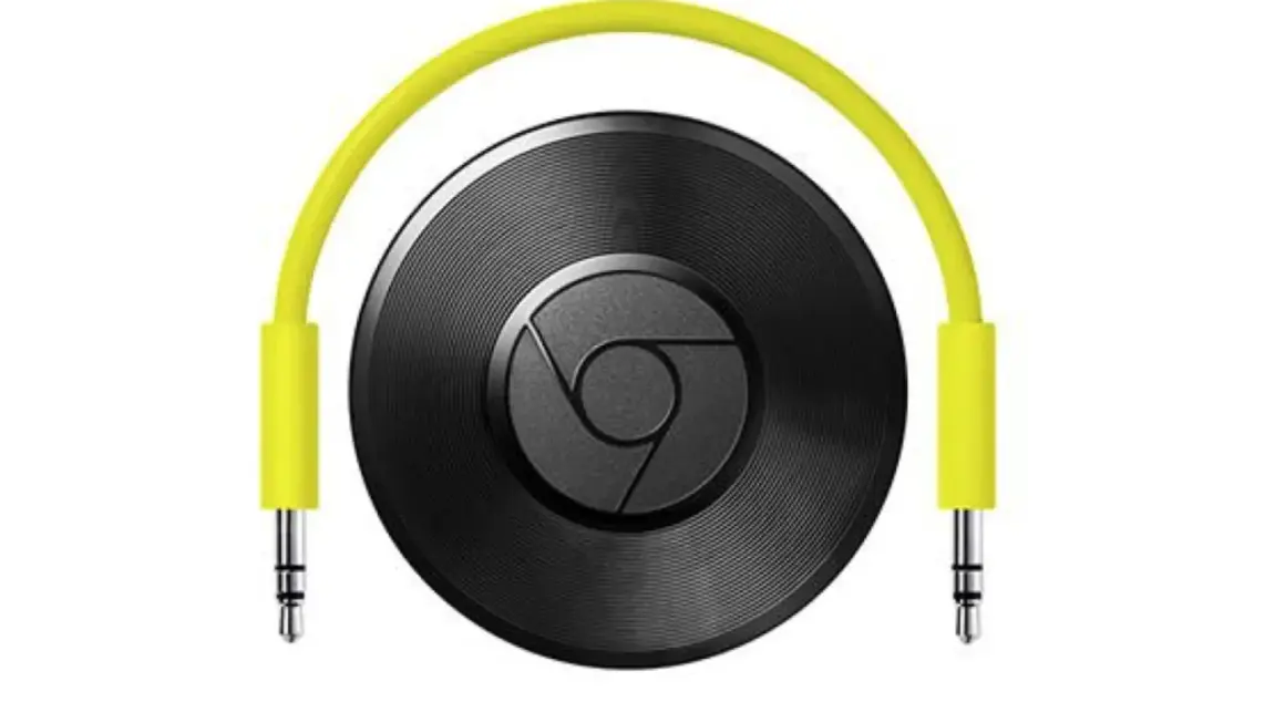 Black Chromecast device with a yellow audio cable. Troubleshooting chromecast no audio issues? This device might be the culprit.