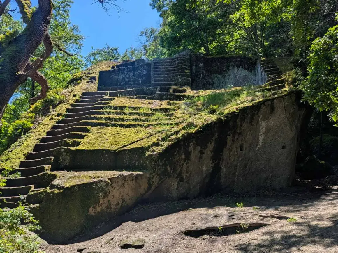 Antica piramide etrusca scavata nella roccia, ricoperta di muschio e circondata da alberi secolari.