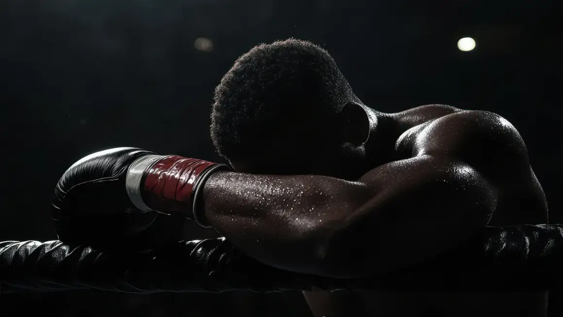 A boxer rests his head on the ropes, sweat glistening. He hopes the judges don't call a draw, as that means no clear winner.
