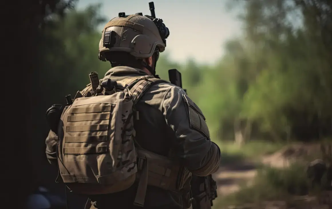 Soldado con casco y equipo táctico, incluyendo mochilas tácticas, camina por un sendero boscoso.