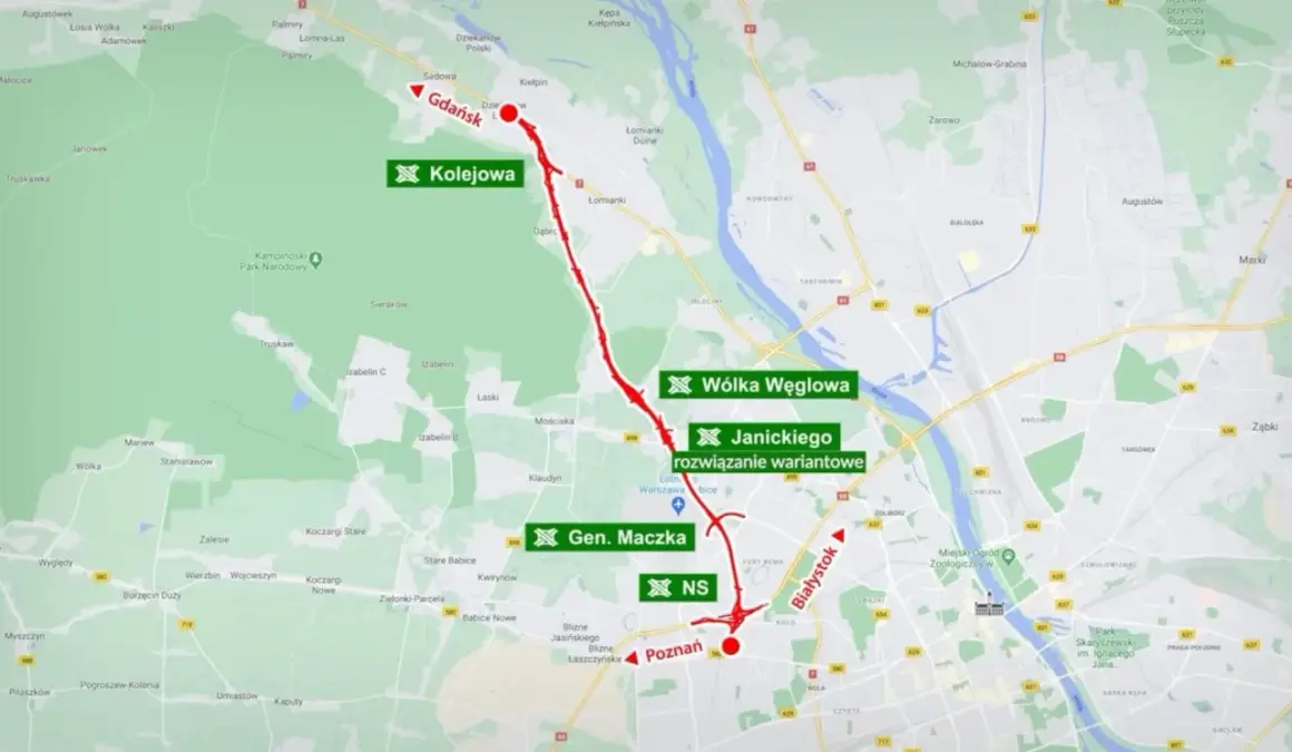 Mapa przedstawia trasę S7 Warszawa - Gdańsk, zaznaczoną na czerwono, z kluczowymi punktami jak Gdańsk, Kolejowa, Wólka Węglowa i Gen. Maczka.