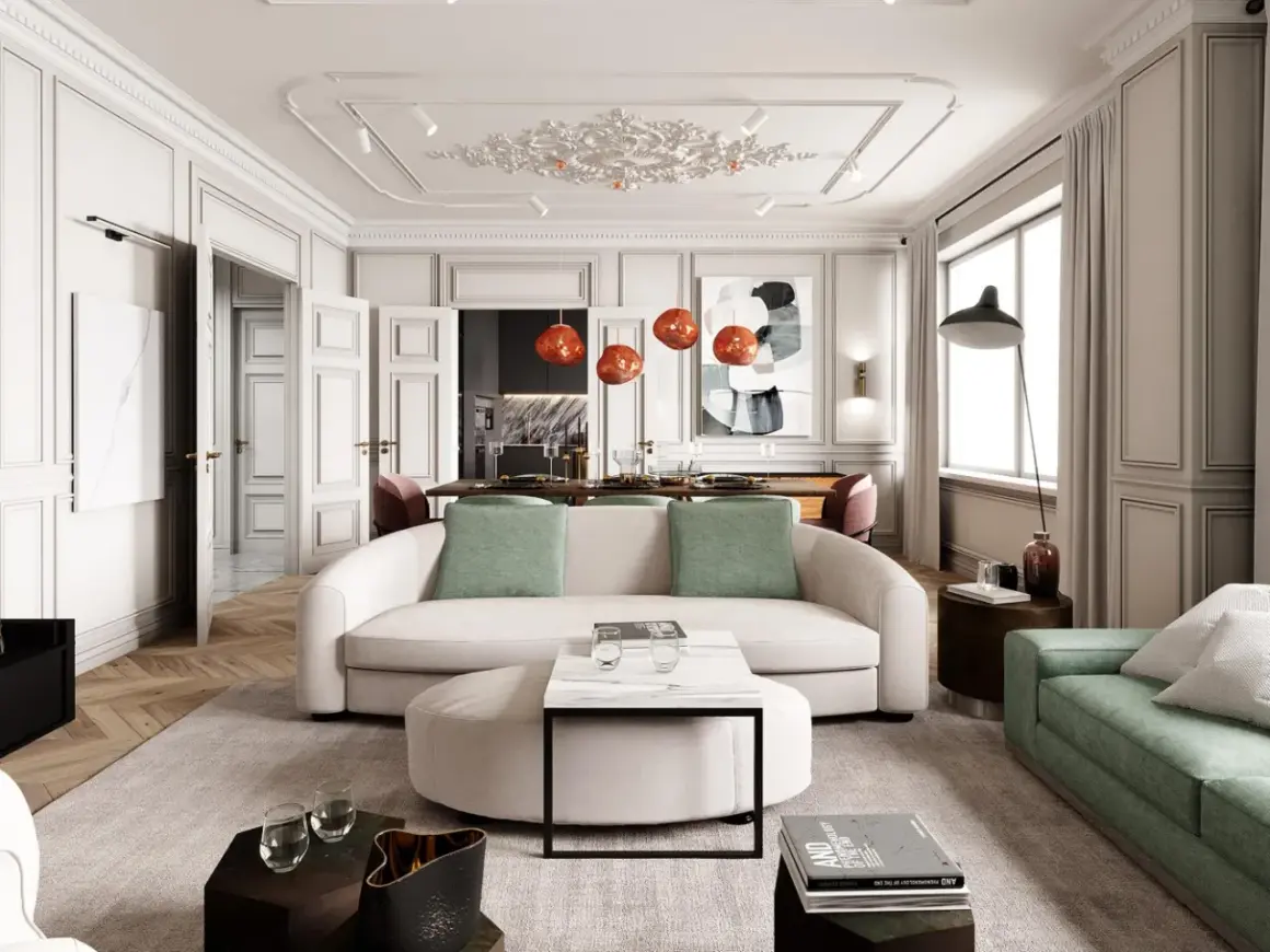 Eleganckie wnętrza modern classic z sofą w kształcie litery C, zielonymi akcentami i designerskimi lampami.