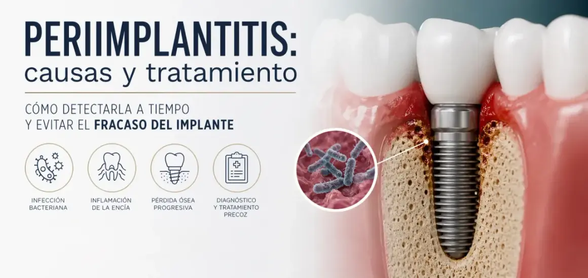 Ilustración de periimplantitis, mostrando la inflamación y pérdida ósea alrededor de un implante dental, indicando problemas comunes.