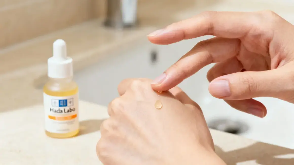 Una goccia di vitamina c siero a cosa serve? Illumina e idrata la pelle, applicata con cura su una mano.