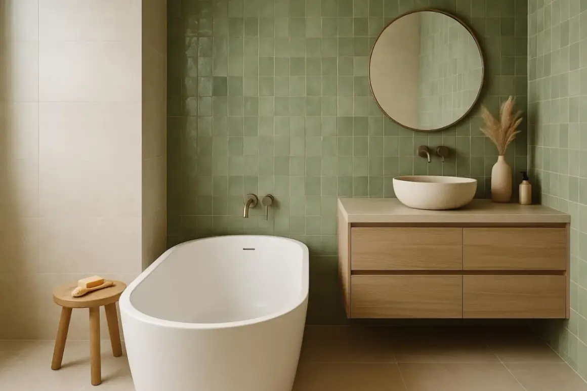 Salle de bain moderne avec baignoire îlot, vasque en pierre et murs recouverts de carreaux verts, une belle inspiration salle de bain zellige.