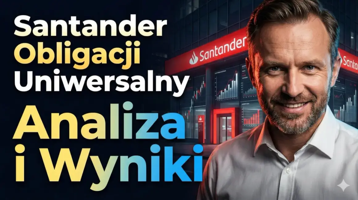 Uśmiechnięty mężczyzna na tle budynku Santander. Napisy: "Santander Obligacji Uniwersalny Analiza i Wyniki".