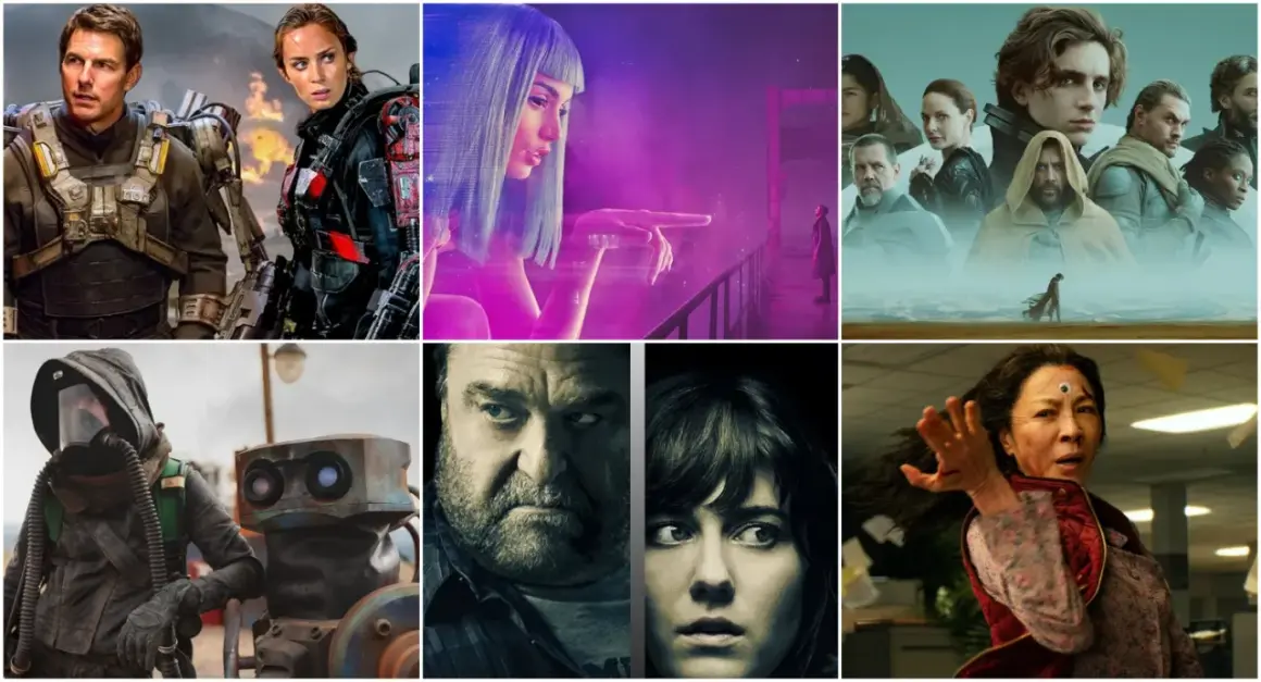 Kolaż plakatów filmowych: Tom Cruise i Emily Blunt w kombinezonach bojowych, hologramowa kobieta, postacie z Diuny, człowiek w masce gazowej z robotem, para z filmu "10 Cloverfield Lane", Michelle Yeoh w scenie akcji. To wszystko to film science fiction.
