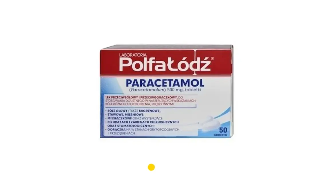 Opakowanie paracetamolu 500 mg, wskazania: bóle głowy, stawowe, mięśniowe, gorączka przy przeziębieniu.