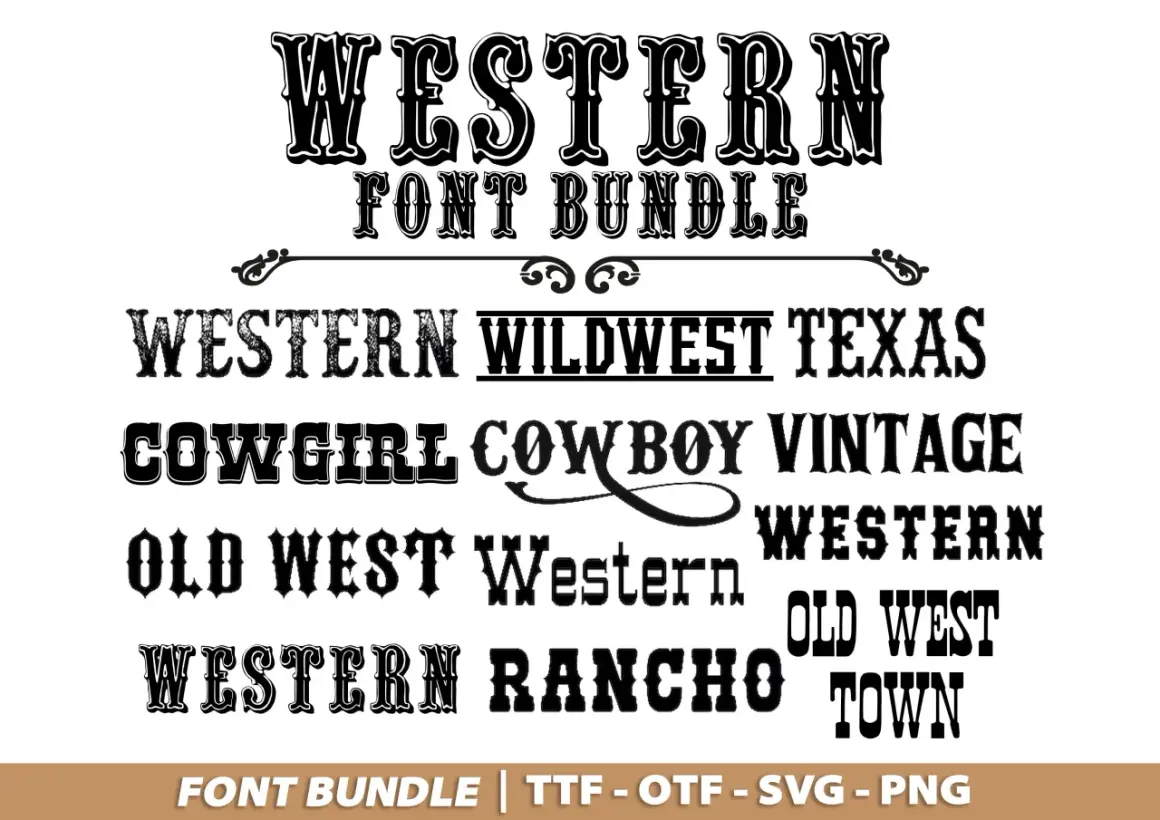 Ensemble de polices au style western : "Western", "Wildwest Texas", "Cowgirl Cowboy Vintage", "Old West", "Rancho Town".