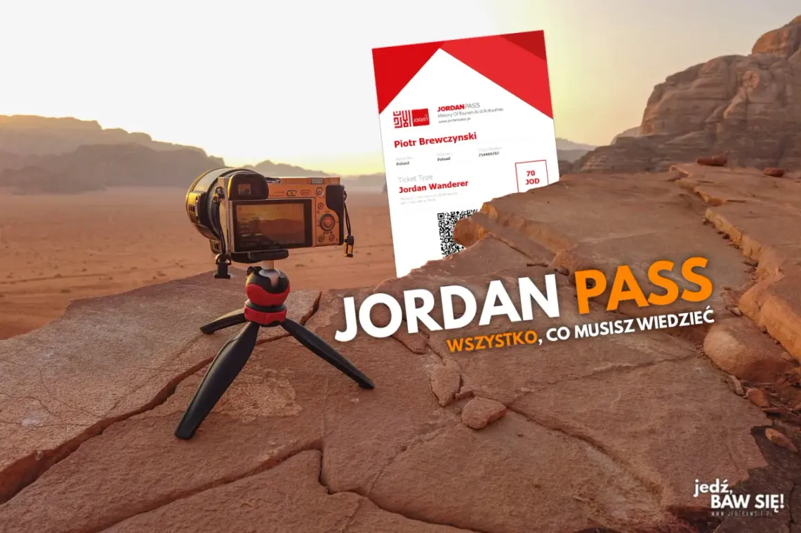Jordan Pass kosztuje 70 JOD. Aparat na statywie na tle pustyni i karta Jordan Pass.
