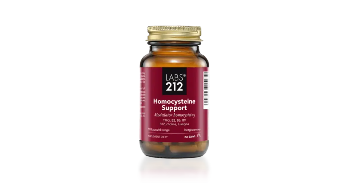 Bursztynowa butelka suplementu diety "Homocysteine Support" od LABS 212. Zawiera betainę TMG, witaminy z grupy B i L-serynę.