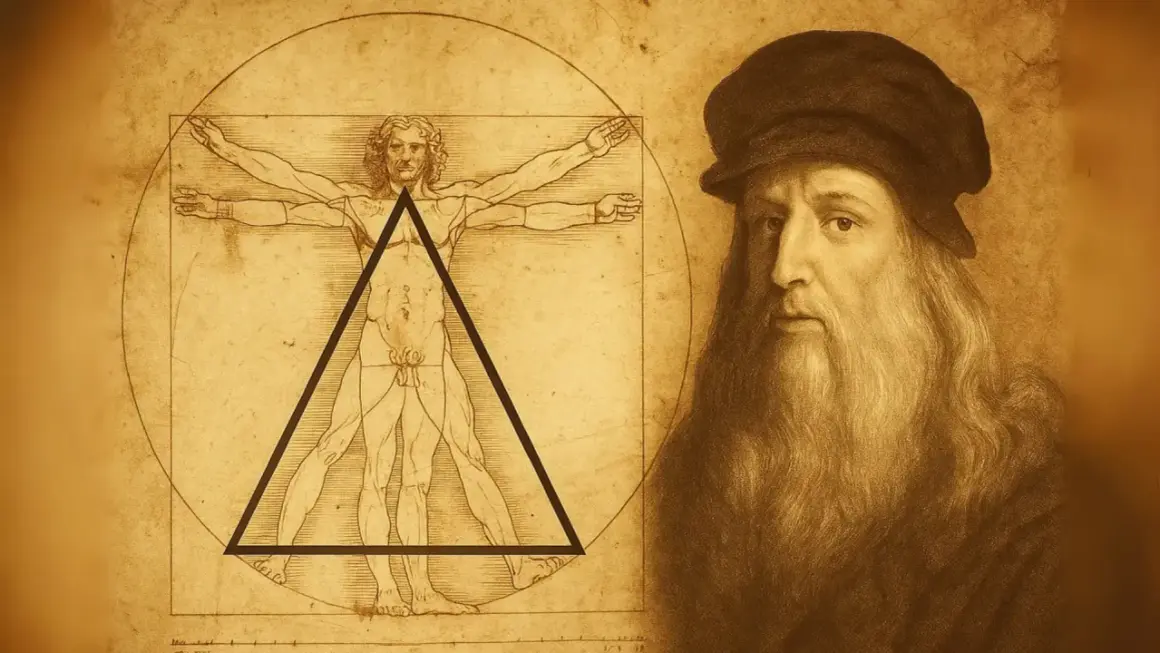 El hombre de Vitruvio de Leonardo da Vinci, junto a un retrato del genio renacentista.
