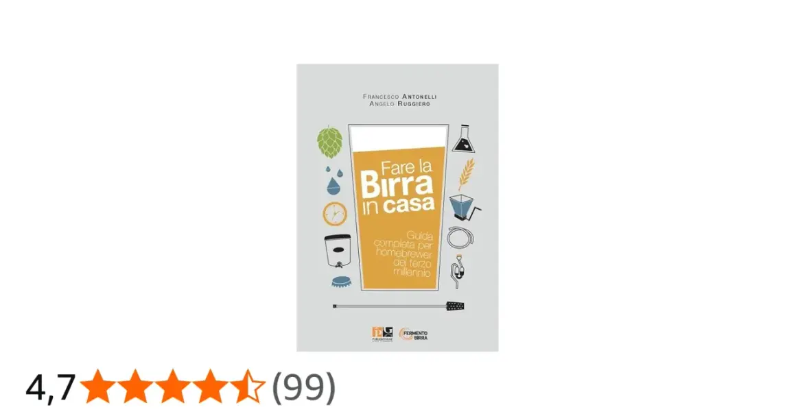 Copertina del libro "Fare la Birra in casa", guida completa per homebrewer. Illustrazioni di luppolo, chicchi, attrezzature e un bicchiere di birra.