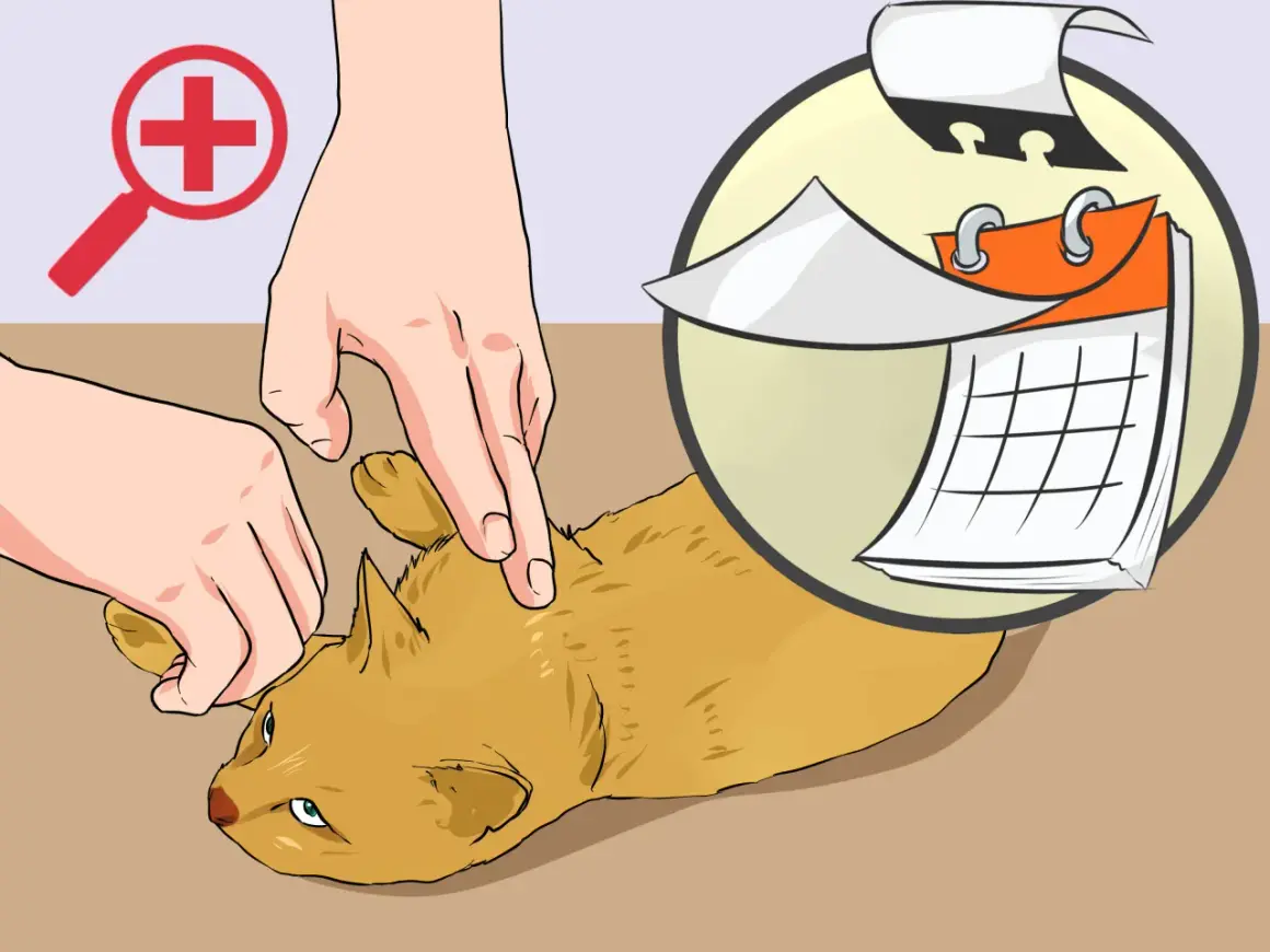 Mains examinant un chat, avec un symbole de loupe et un calendrier. Il est temps de désinfecter la plaie du chat.