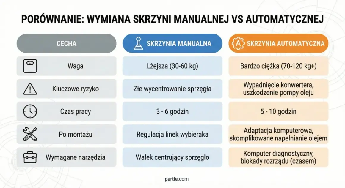 Porównanie wymiany skrzyni: automat czy manual. Tabela przedstawia różnice w wadze, ryzyku, czasie pracy, czynnościach po montażu i narzędziach.
