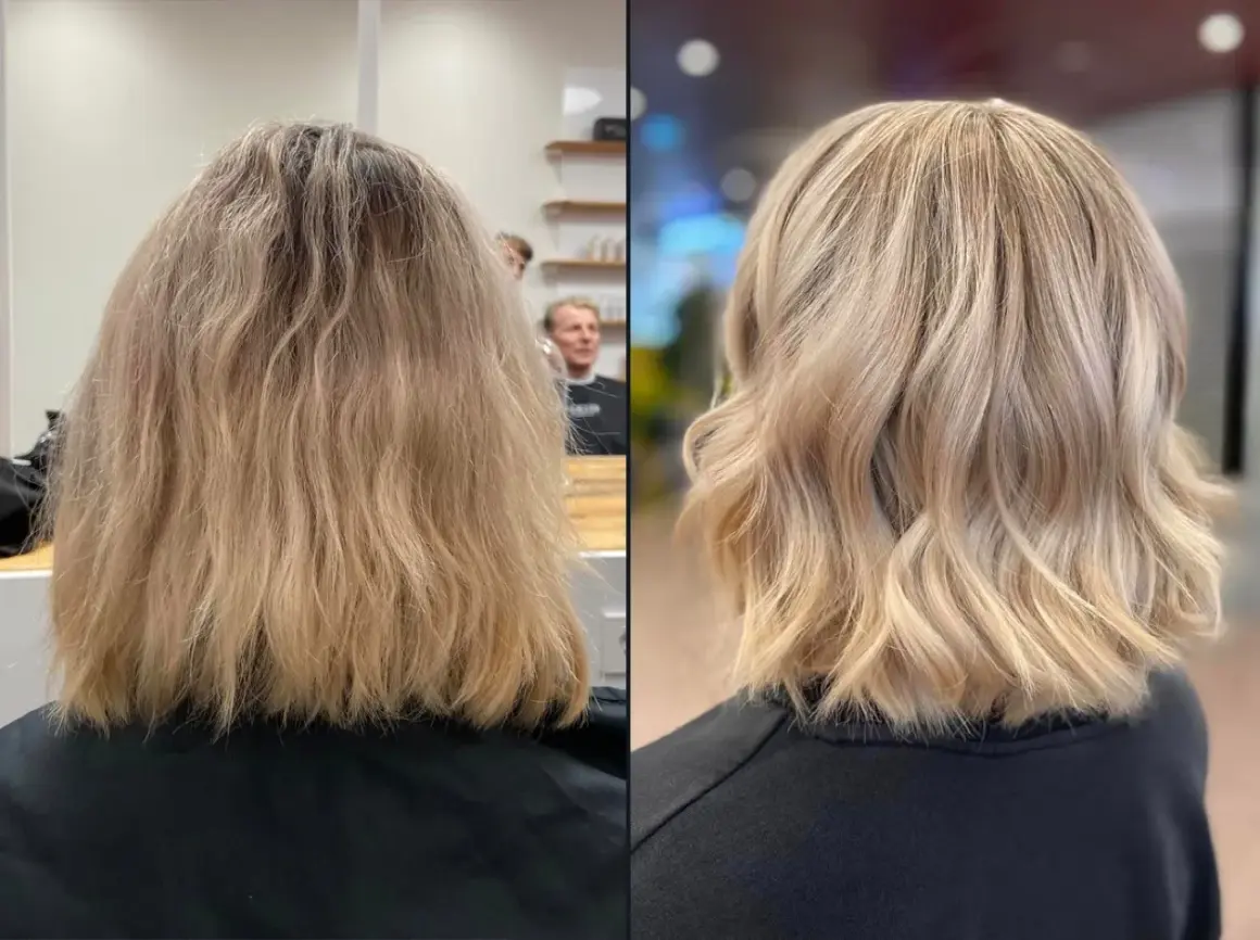 Vorher-Nachher-Vergleich: Blondes Haar wird durch Balayage aufgehellt und bekommt mehr Glanz und Bewegung.