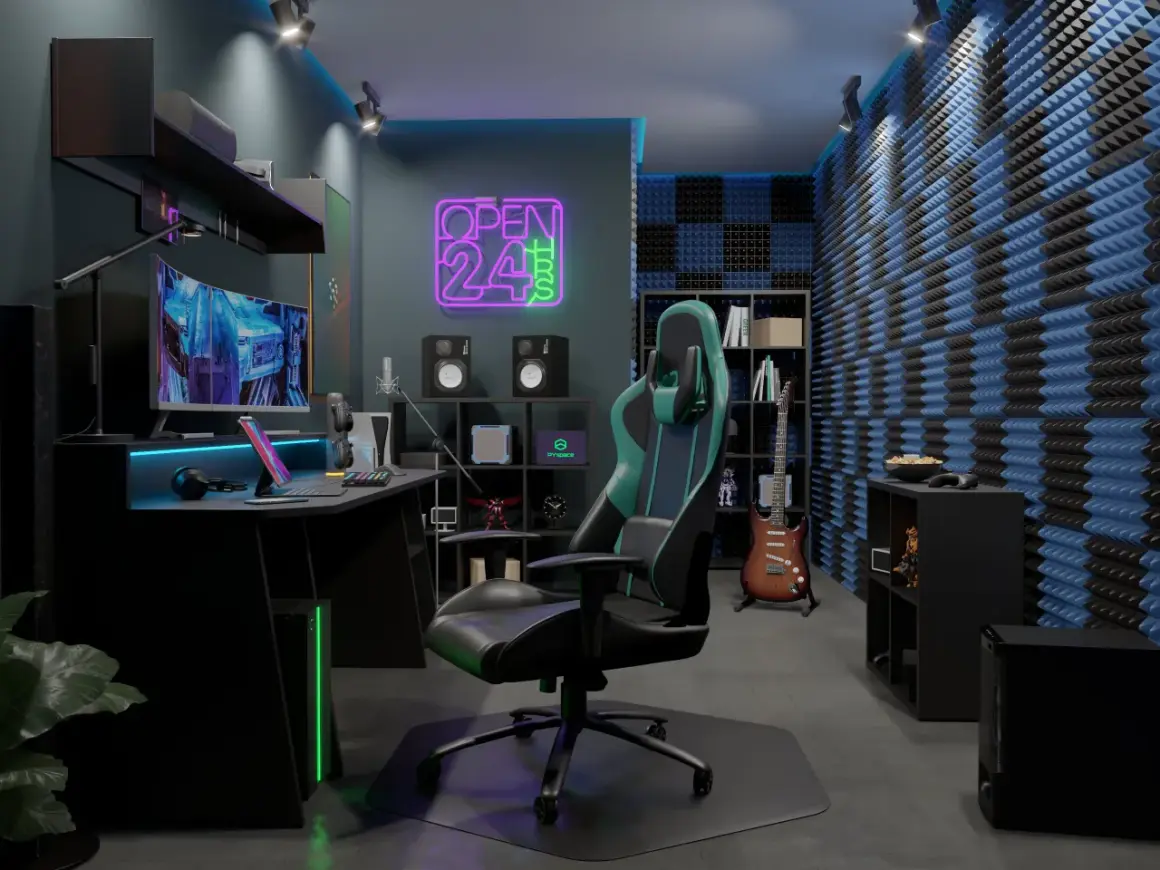 Nowoczesny pokój gamingowy z neonem "OPEN 24h", wygodnym fotelem, komputerem i gitarą.